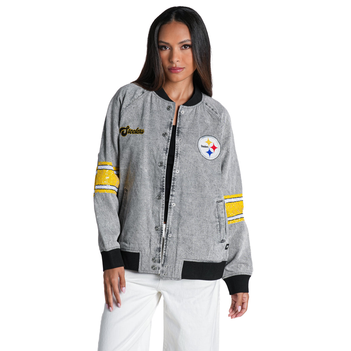 Pittsburgh Steelers Women's Sequin Denim Bomber Jacket - Grey Denim