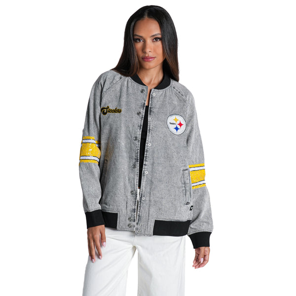 Pittsburgh Steelers Women's Sequin Denim Bomber Jacket - Grey Denim