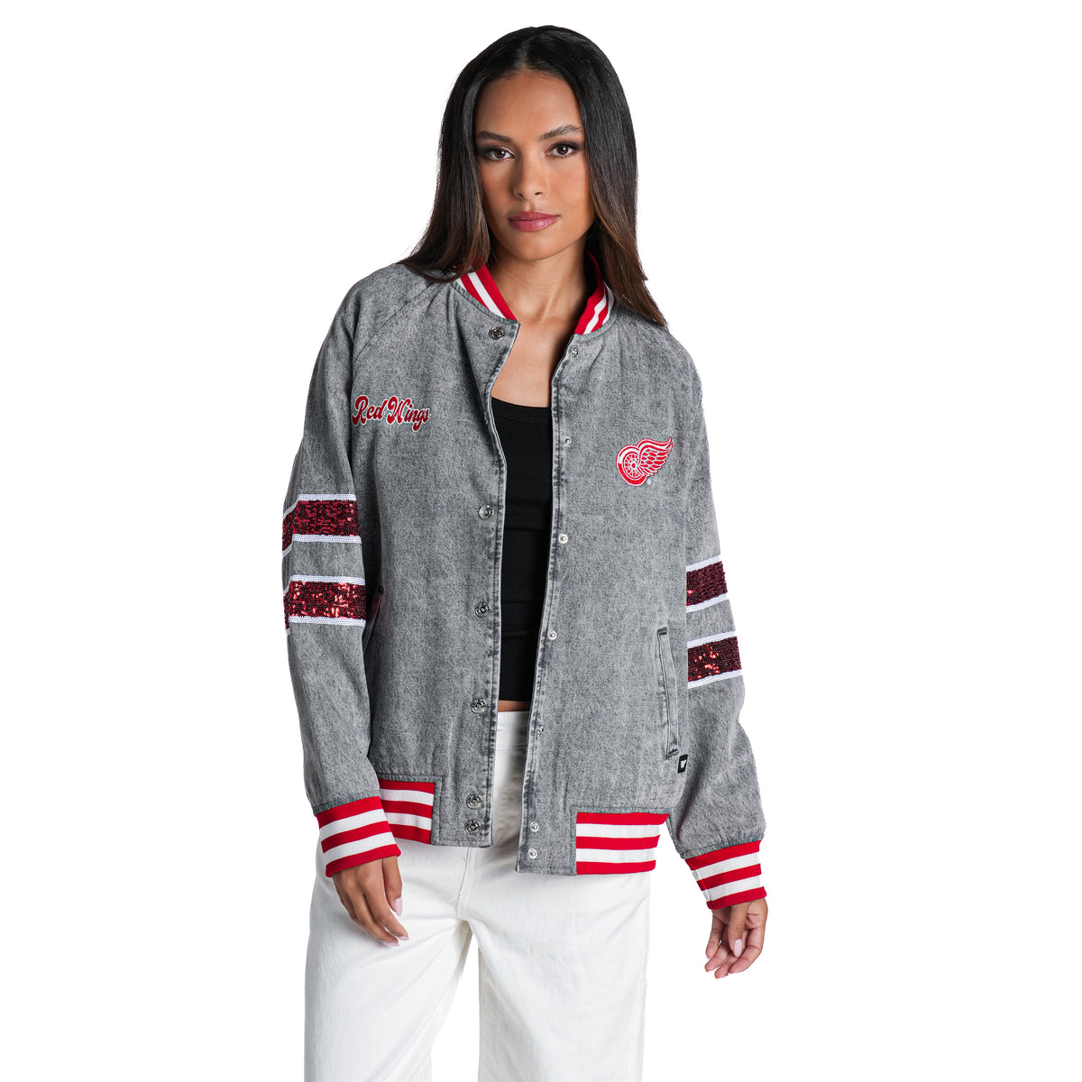 Detroit Red Wings Women's Sequin Denim Bomber Jacket - Grey Denim