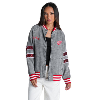 Detroit Red Wings Women's Sequin Denim Bomber Jacket - Grey Denim