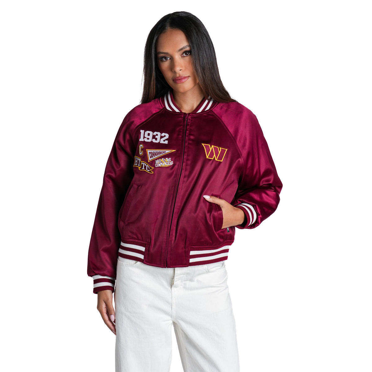 Washington Commanders Women's Satin Raglan Bomber Jacket - Maroon