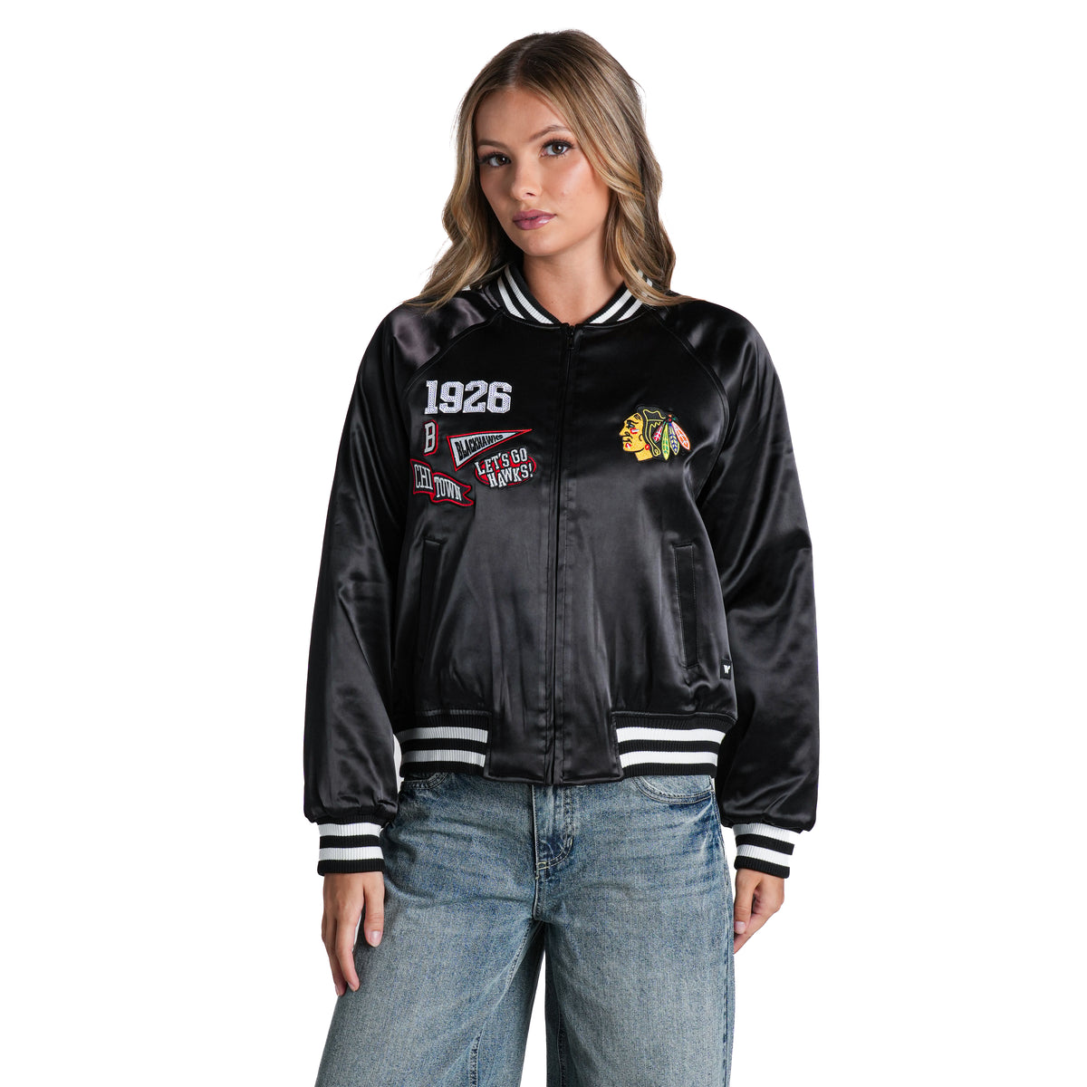 Chicago Blackhawks Women's Satin Raglan Bomber Jacket - Black