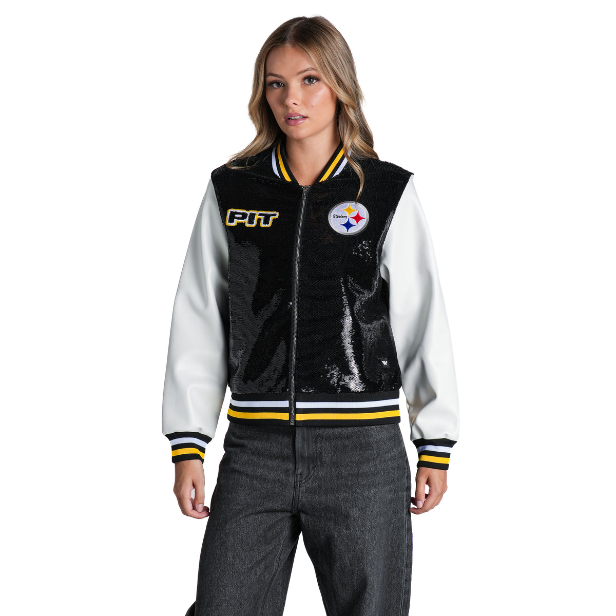 Pittsburgh Steelers Women's Sequin Faux Leather Jacket - Black/White