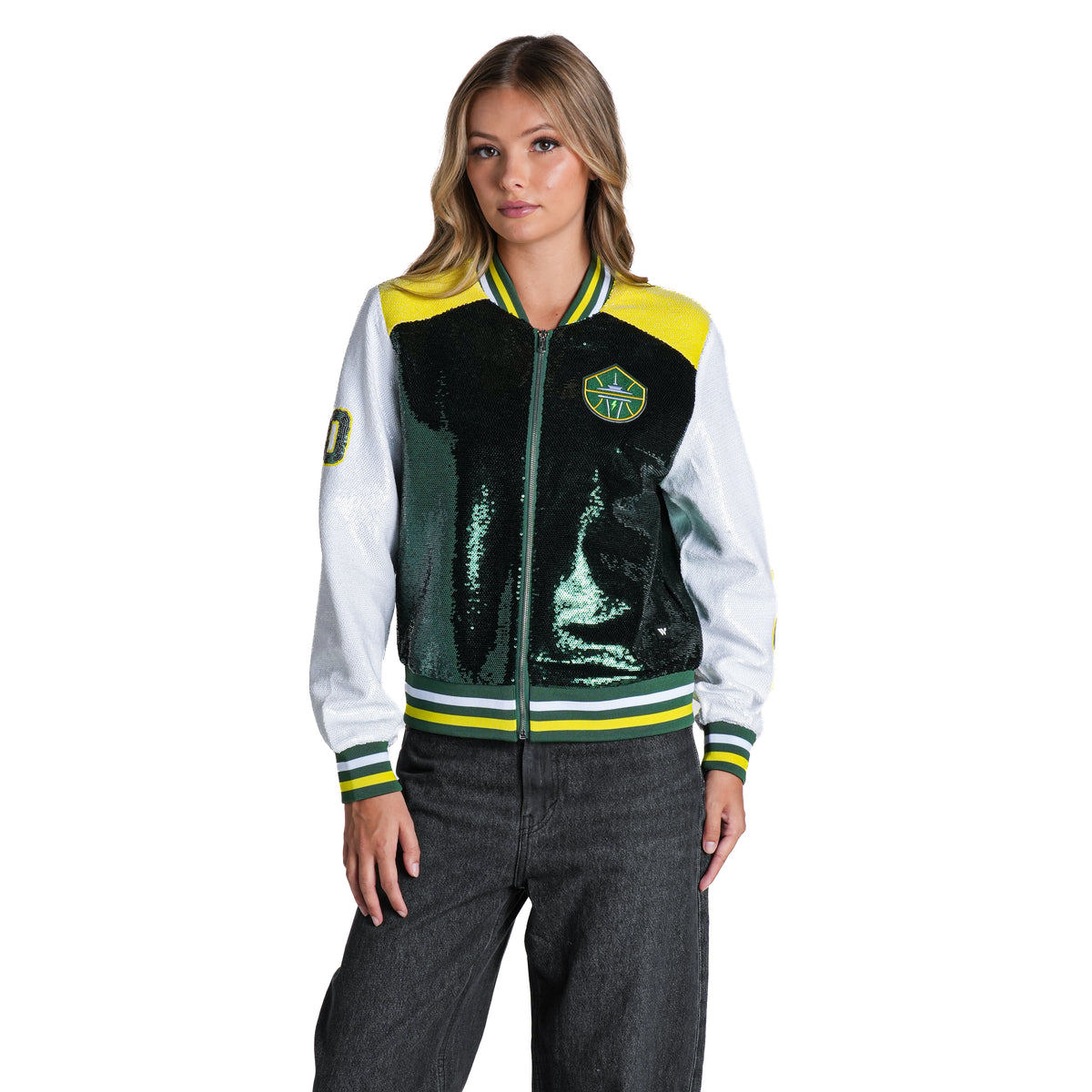 Seattle Storm Women's Sequin Bomber Jacket - Green/White