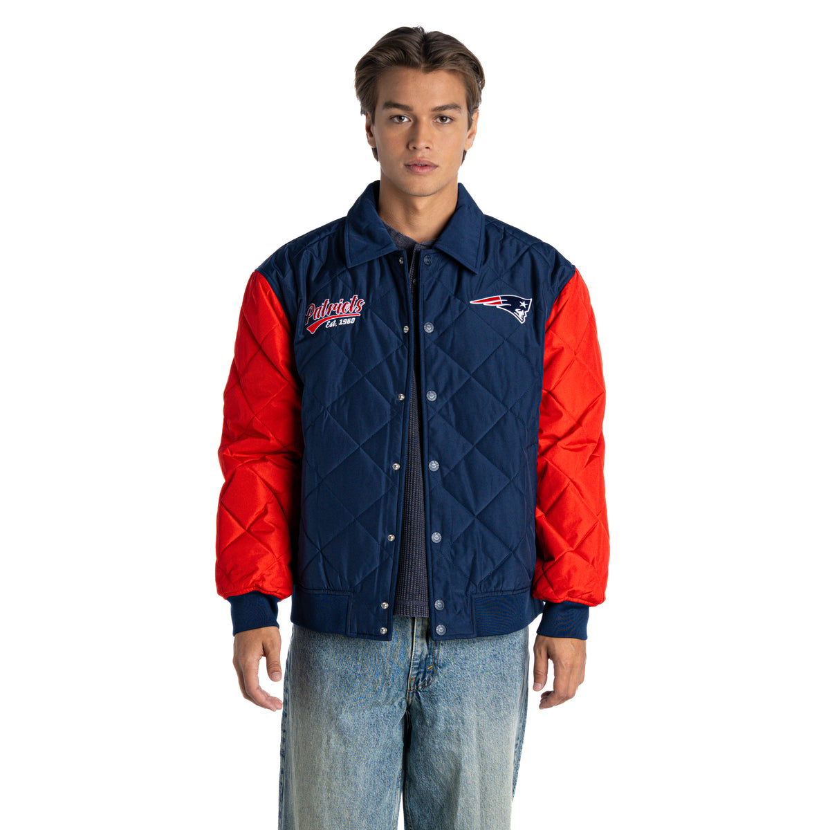New England Patriots Unisex Quilted Bomber Jacket - Blue/Red
