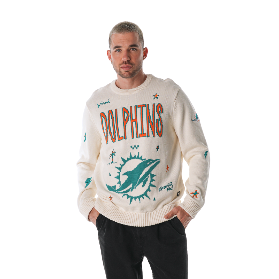 Miami Dolphins Unisex All Over Jacquard Crew Sweater - Cream