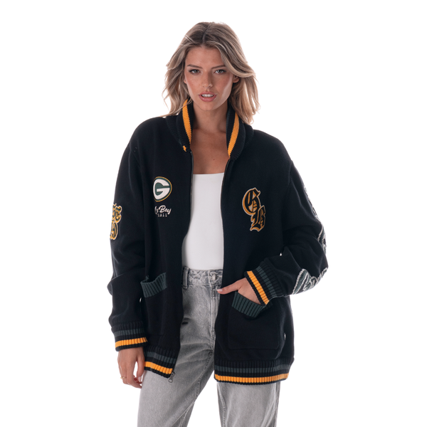 Green Bay Packers Unisex Jacquard Zip Front Sweater - Black