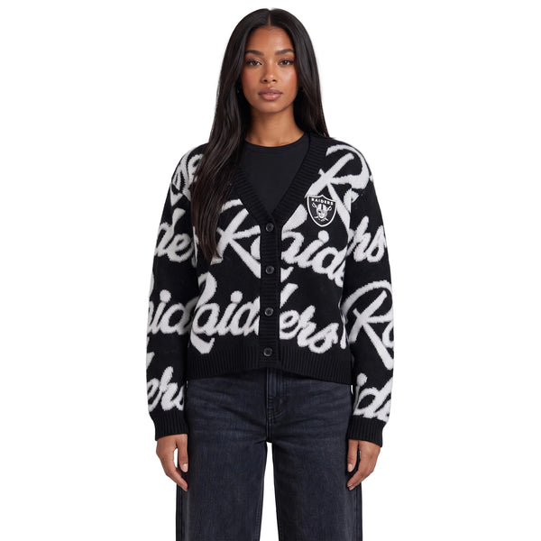 Las Vegas Raiders Women's All Over Jacquard Cropped Cardigan - Black