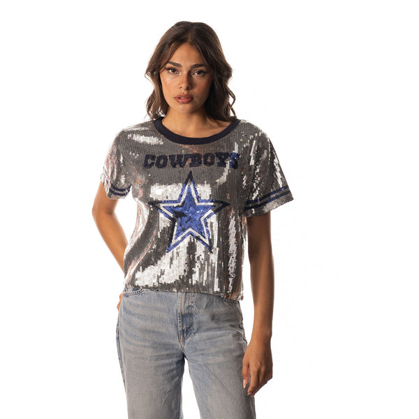 Women's Dallas Cowboys Gray Cadence Sequin Crop Jersey V-Neck T-Shirt