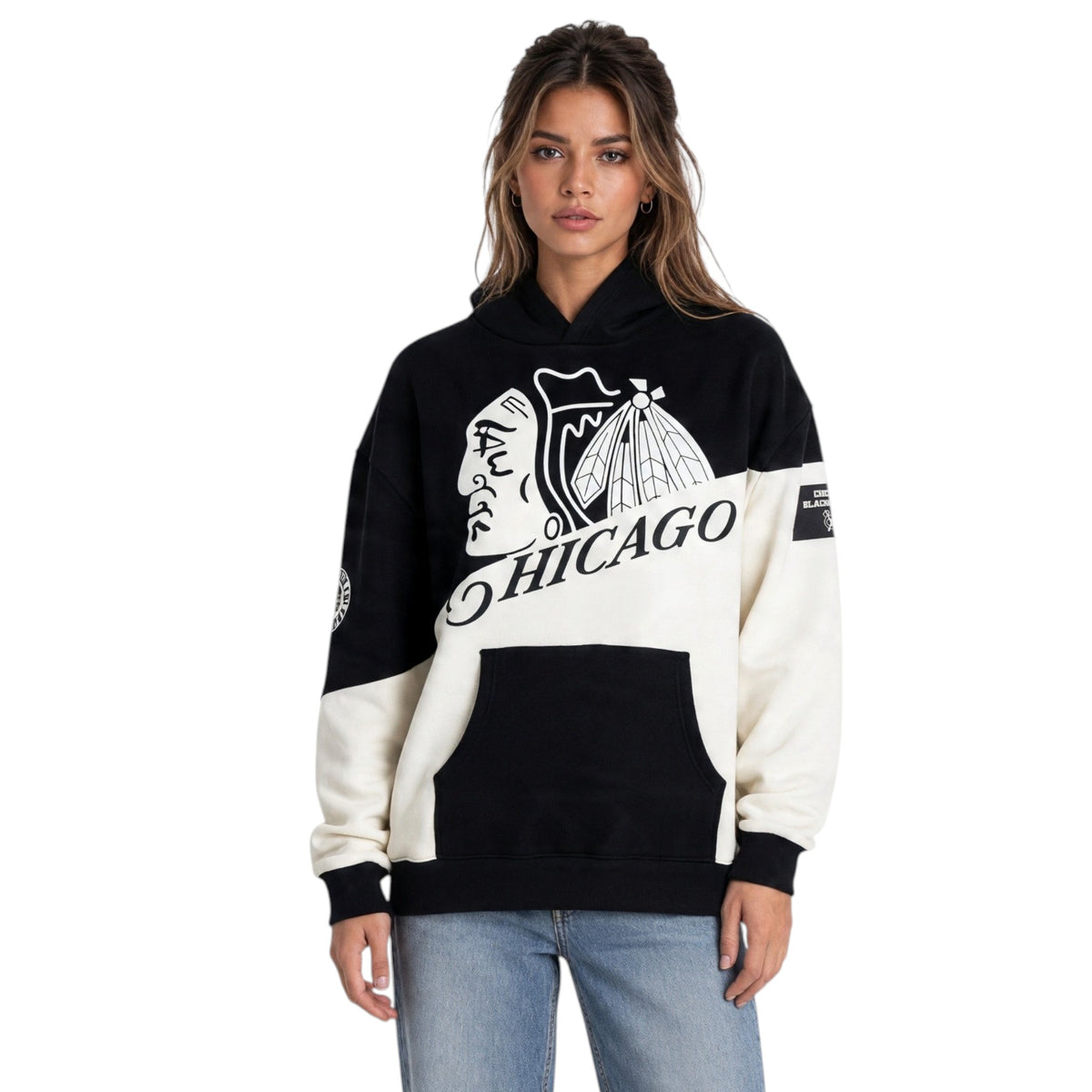 Chicago Blackhawks Unisex Split Hoodie - Black/Vintage White