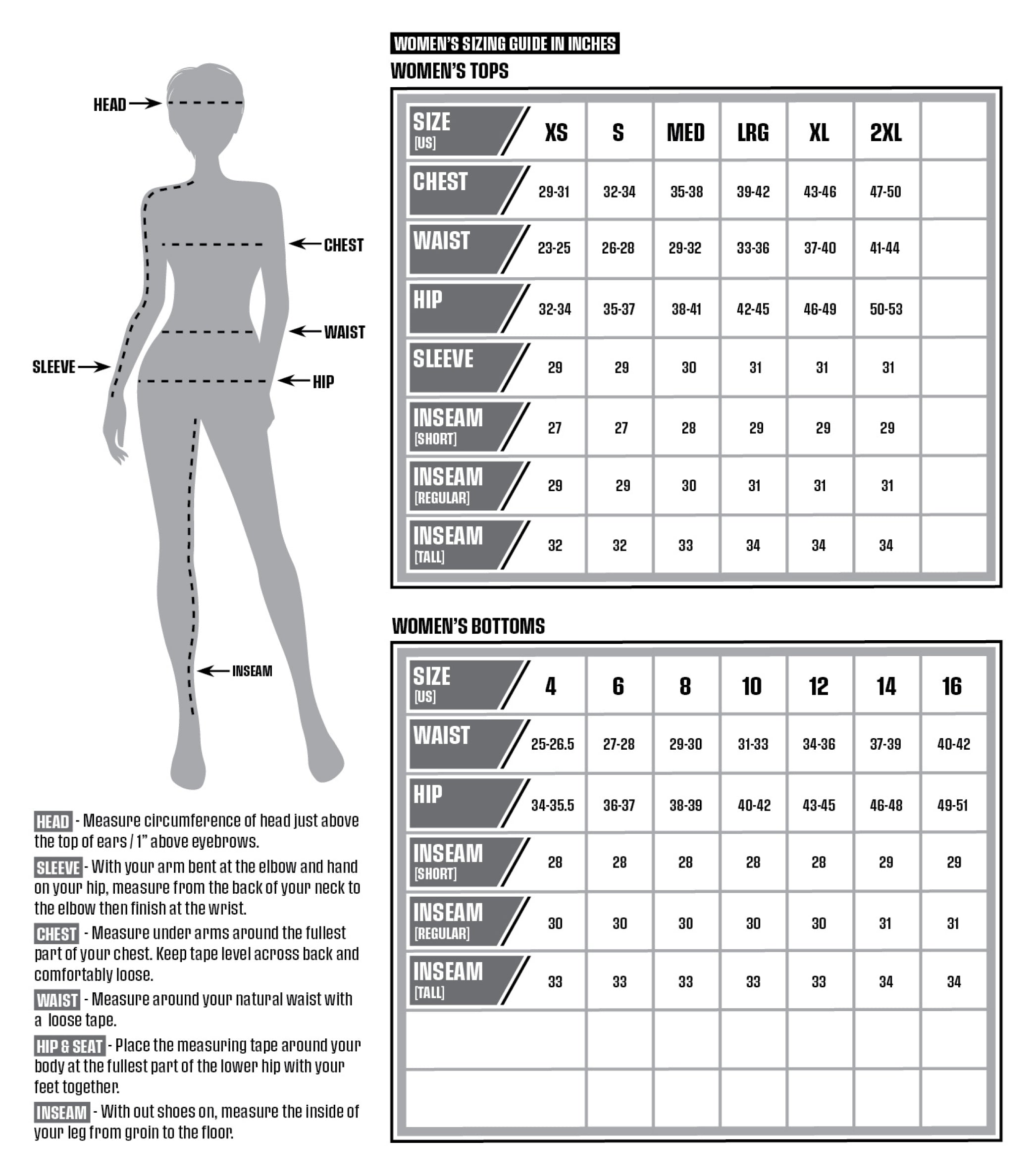 Outdoor Clothing Size Charts