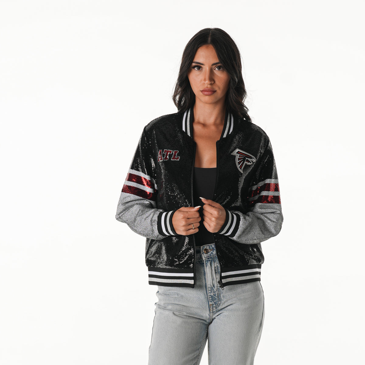 Atlanta Falcons Women's Sequin Bomber - Black