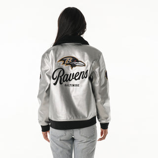 Baltimore Ravens Women's Metallic Bomber - Silver-Bomber Jacket-thewildcollective