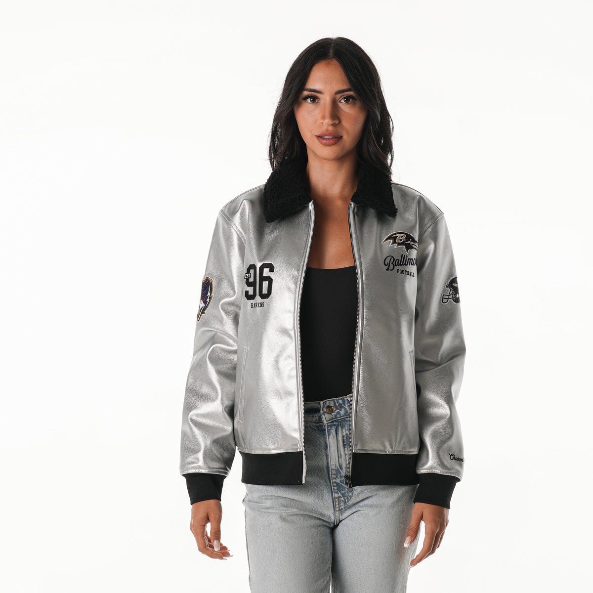 Baltimore Ravens Women's Metallic Bomber - Silver
