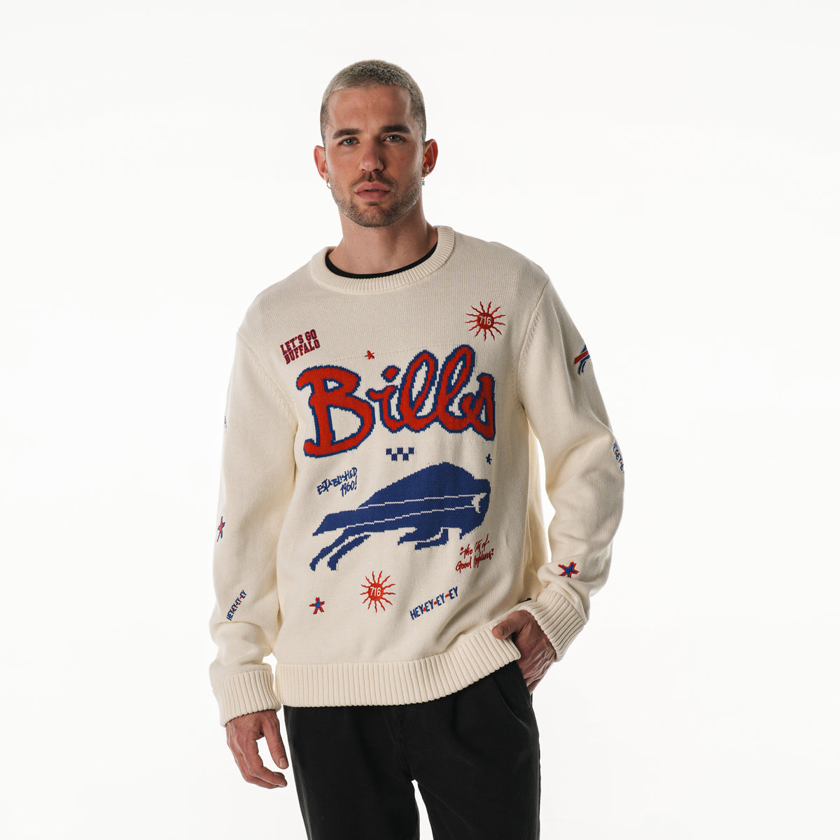 Buffalo Bills Unisex All Over Jacquard Crew Sweater - Cream