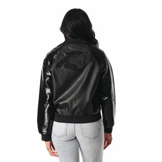 Carolina Panthers Women's Faux Leather Sequin Jacket - Black-Faux Leather Jacket-thewildcollective