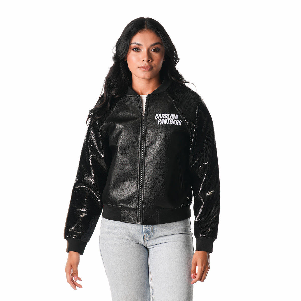 Carolina Panthers Women's Faux Leather Sequin Jacket - Black