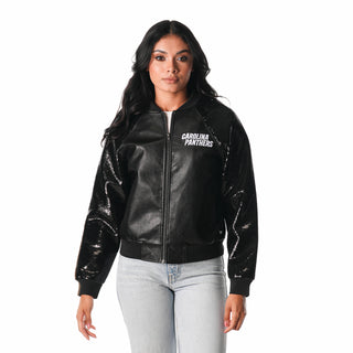 Carolina Panthers Women's Faux Leather Sequin Jacket - Black-Faux Leather Jacket-thewildcollective