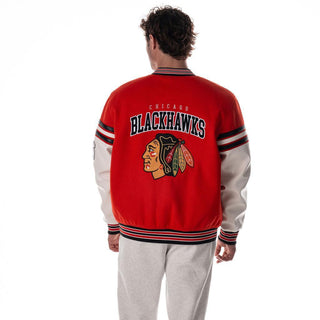 Chicago Blackhawks Unisex Drop Shoulder Varsity Jacket - Red-Varsity Jacket-thewildcollective