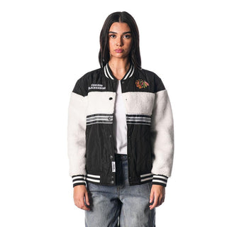 Chicago Blackhawks Women's Quilted Sherpa Bomber - Black-Bomber Jacket-thewildcollective