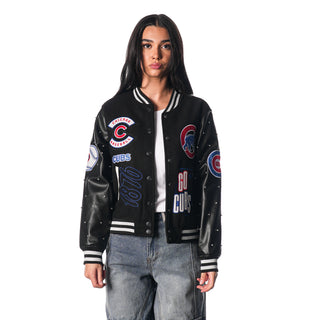 Chicago Cubs Varsity Sparkle Jacket - Black-Varsity Jacket-thewildcollective