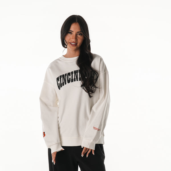 Cincinnati Bengals Women's Crystal Rocks Crew Neck Fleece - White