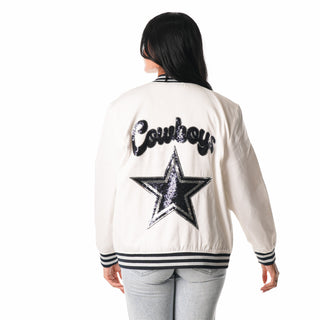 Dallas Cowboys Bomber Jacket w/ Sequin Logo - White-Jacket-thewildcollective