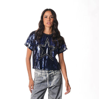 Dallas Cowboys Sequin Cropped Tee - Navy-Sequin Tee-thewildcollective