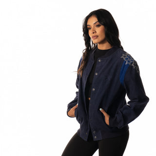 Dallas Cowboys Women Cord Star Sleeve Bomber - Blue-Bomber Jacket-thewildcollective