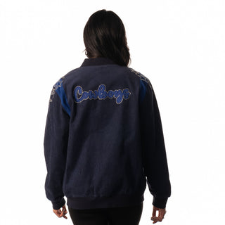 Dallas Cowboys Women Cord Star Sleeve Bomber - Blue-Bomber Jacket-thewildcollective