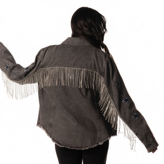Dallas Cowboys Womens Black Denim Fringe Jacket - Black-Denim Jacket-thewildcollective