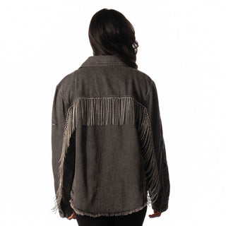Dallas Cowboys Womens Black Denim Fringe Jacket - Black-Denim Jacket-thewildcollective