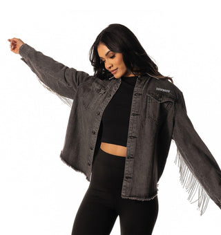 Dallas Cowboys Womens Black Denim Fringe Jacket - Black-Denim Jacket-thewildcollective