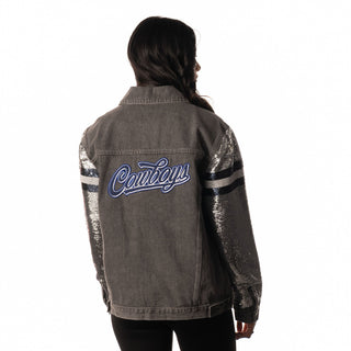 Dallas Cowboys Womens Sequin Sleeve Denim Jacket - Grey-Sequin Jacket-thewildcollective