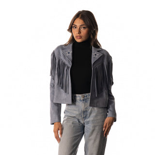 Dallas Cowboys Womens Suede Fringe Jacket - Light Blue-Suede Jacket-thewildcollective