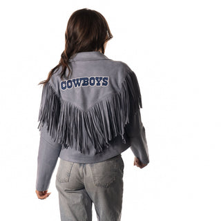 Dallas Cowboys Womens Suede Fringe Jacket - Light Blue-Suede Jacket-thewildcollective