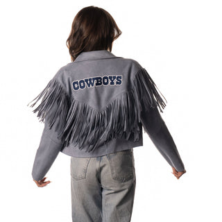 Dallas Cowboys Womens Suede Fringe Jacket - Light Blue-Suede Jacket-thewildcollective