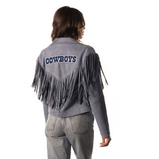 Dallas Cowboys Womens Suede Fringe Jacket - Light Blue-Suede Jacket-thewildcollective