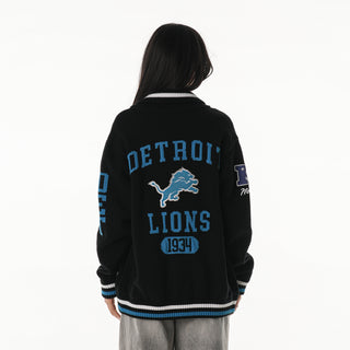 Detroit Lions Unisex Jacquard Zip Front Sweater - Black-Jacquard Sweater-thewildcollective