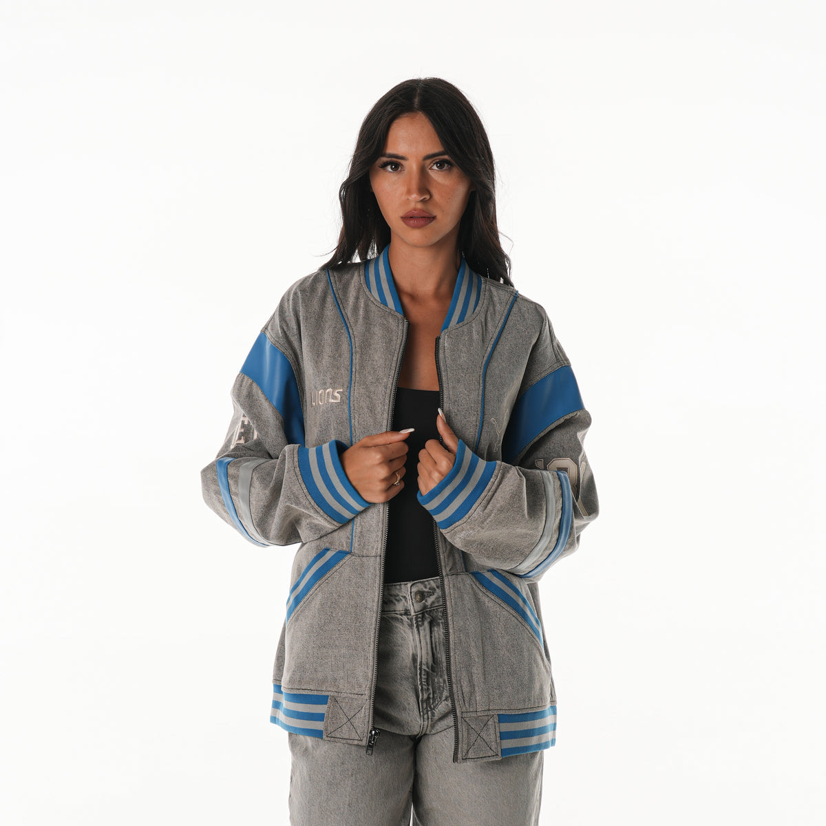 Detroit Lions Unisex Retro Oversized Denim Jacket - Grey