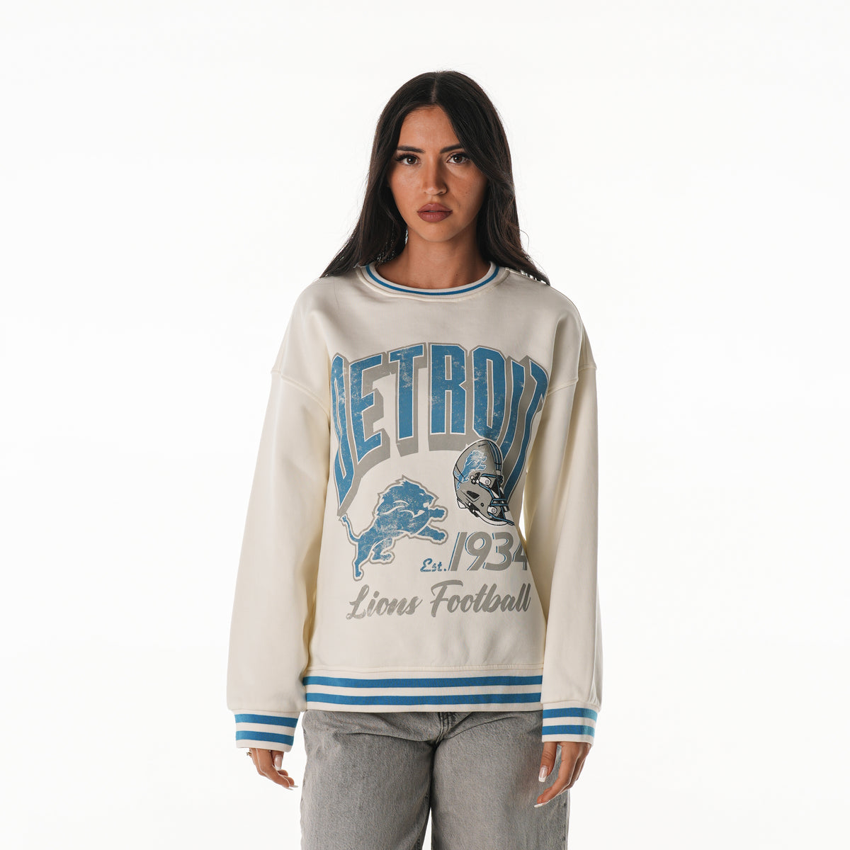Detroit Lions Women's Oversized Vintage Crew Fleece - Vintage White