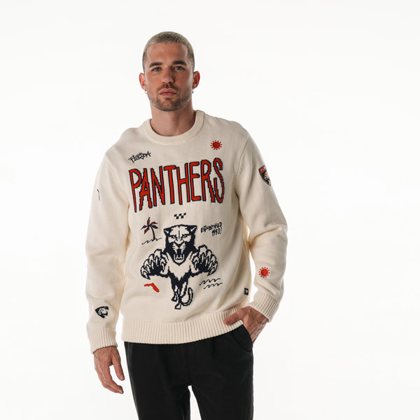 Florida Panthers Unisex All Over Jacquard Crew Sweater- Cream