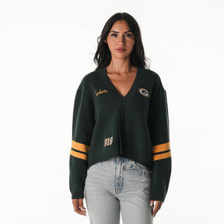 Green Bay Packers Jacquard Cropped Cardigan - Green-Jacquard Sweater-thewildcollective