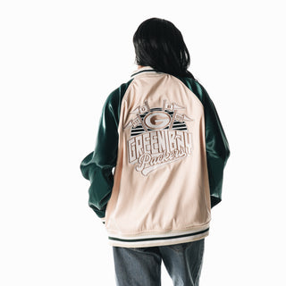 Green Bay Packers Unisex Satin Raglan Bomber - Cream-Bomber Jacket-thewildcollective