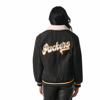 Green Bay Packers Unisex Sherpa Collared Bomber - Black-Bomber Jacket-thewildcollective