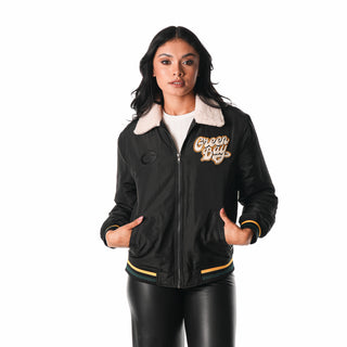 Green Bay Packers Unisex Sherpa Collared Bomber - Black-Bomber Jacket-thewildcollective