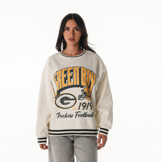 Green Bay Packers Women's Oversized Vintage Crew Fleece- Vintage White-Crew Fleece-thewildcollective