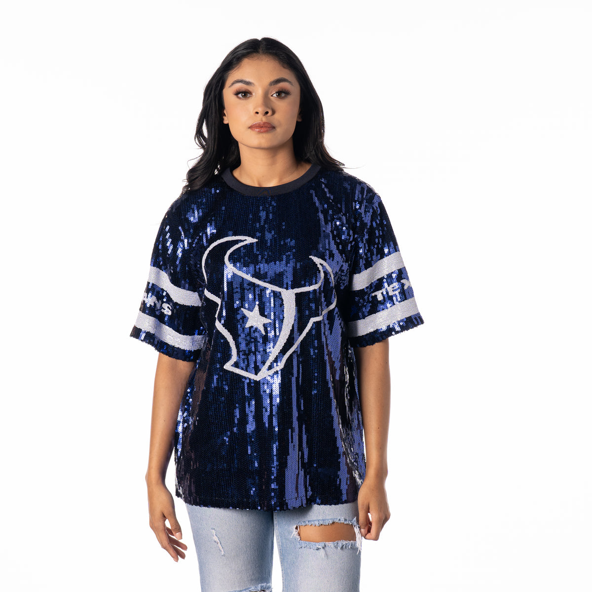 Houston Texans Women's Sequin Drop Shoulder Tee. - Navy