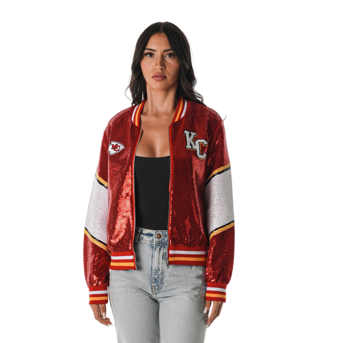 Kansas City Chiefs Women's Sequin Bomber- Red