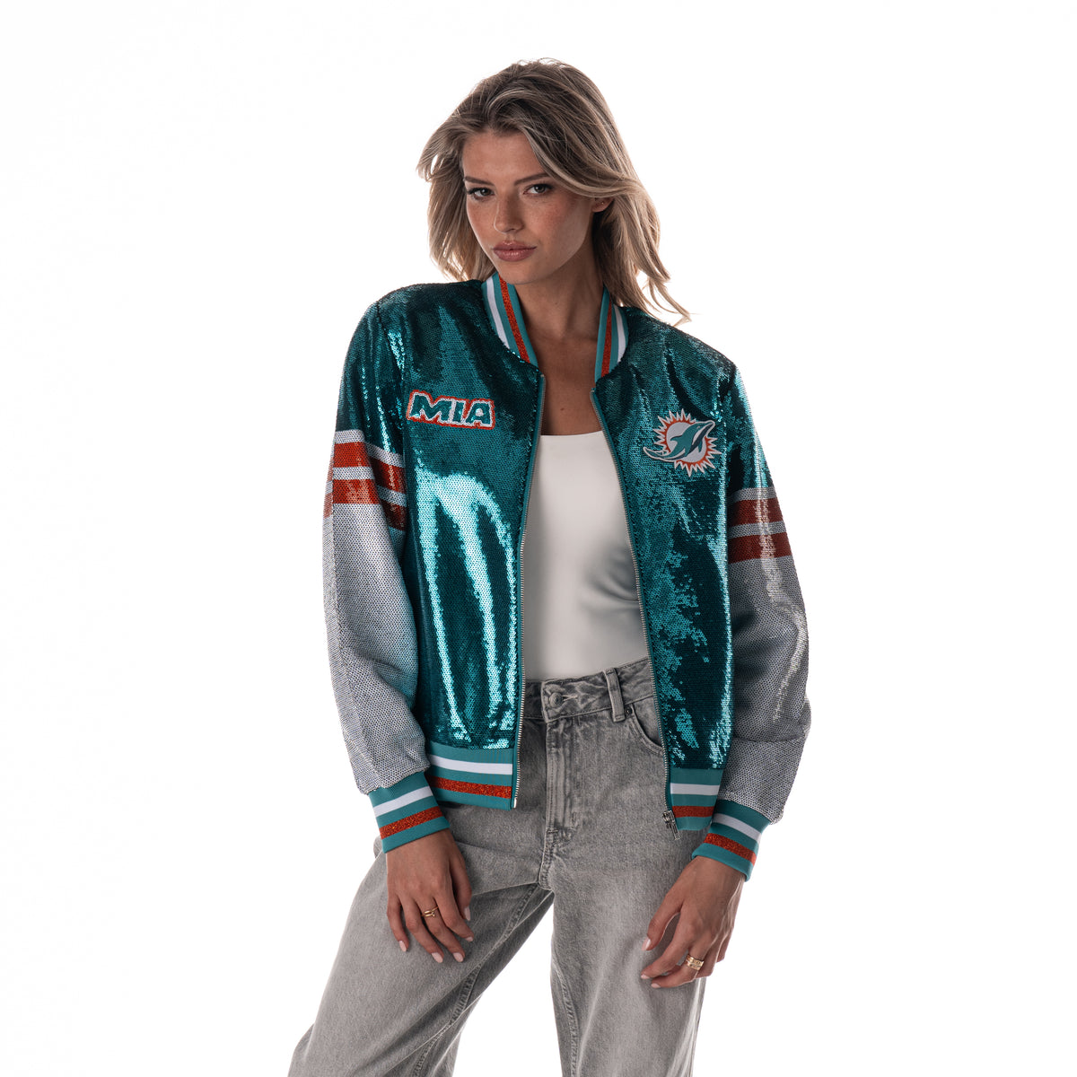 Miami Dolphins Women's Sequin Jacket - Aqua